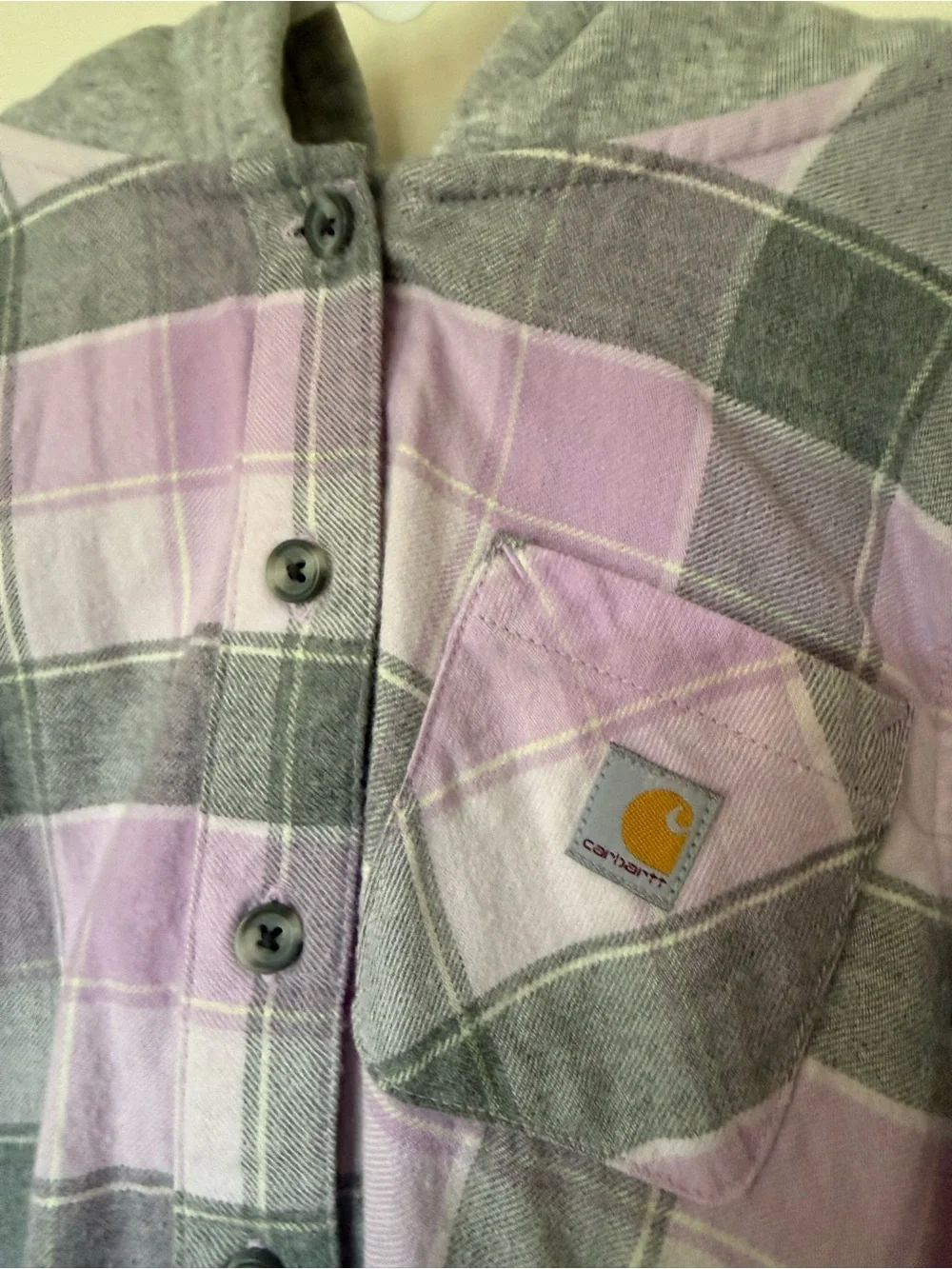 Carhartt Girls Hooded Plaid Flannel Shirt Jacket | Purple Gray | Size 6X